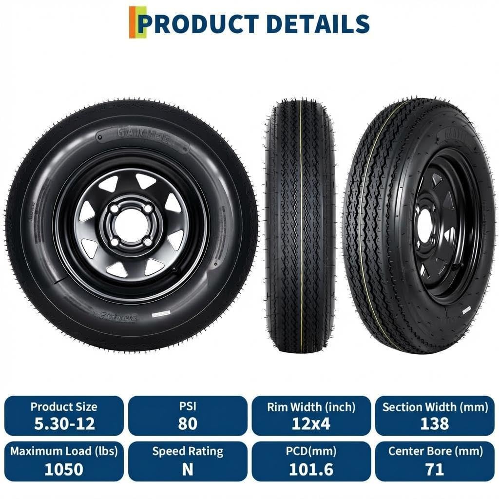 2-Pack 5.30-12 Trailer Tires with Rim, 6-Ply, 1050 LBS Load C294