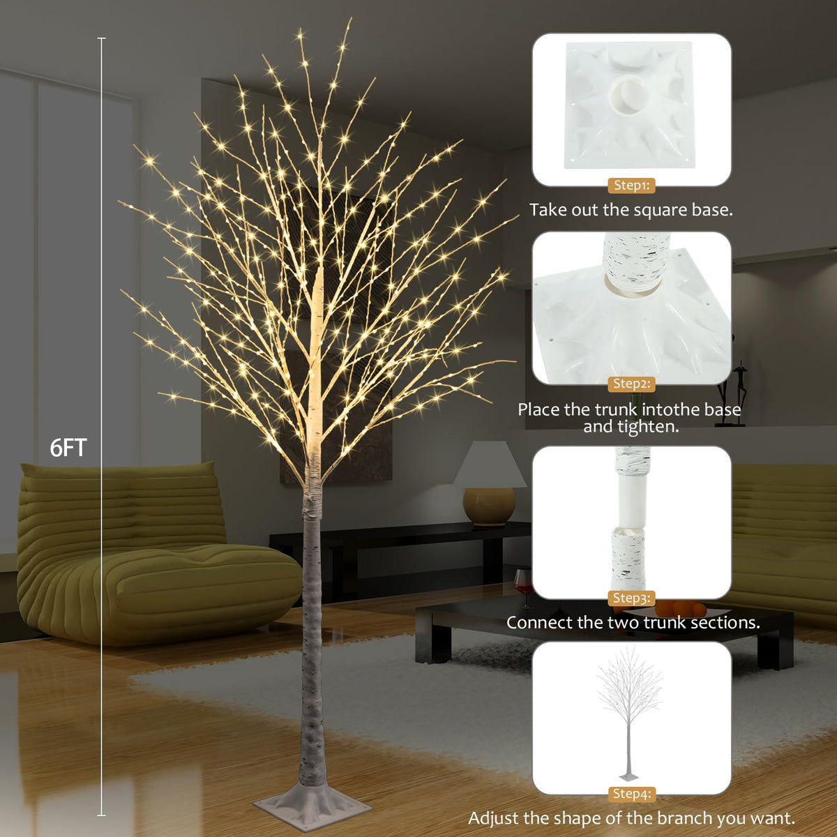 6FT Lighted Birch Tree 500 LED Warm White C1496