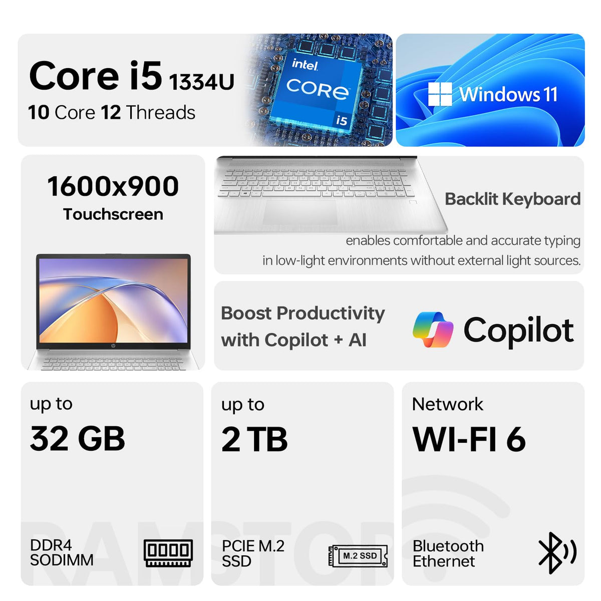 17.3" HD+ Touchscreen Laptop, Intel Core i5, 32GB RAM, 1TB SSD, Silver W3101