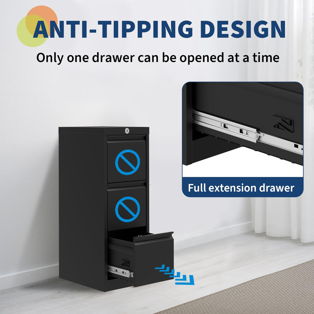 3 Drawer Metal File Cabinet with Lock, Black N8226