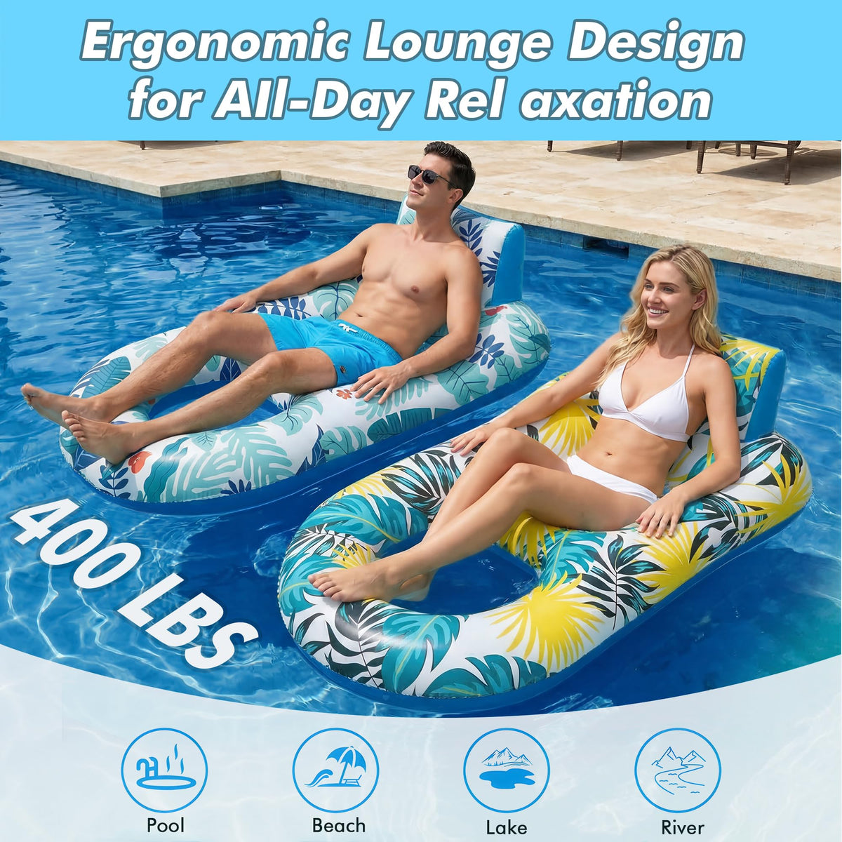 2 Pack Adult Pool Float Lounger with Cup Holders G8886