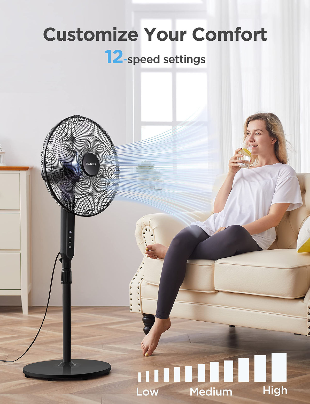 16" Oscillating Pedestal Stand Up Fan, Adjustable Height, Ultra Quiet DC Motor, Remote Control, 12 Speed, Black Z683