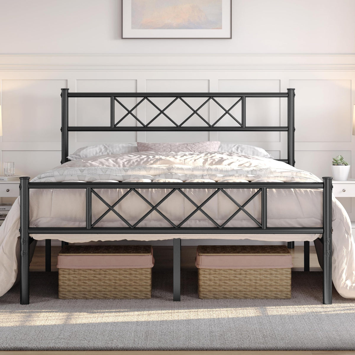 Black Full Metal Platform Bed Frame with Headboard L787
