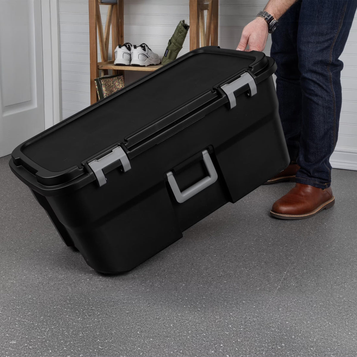 22 Gallon Black Wheeled Plastic Storage Trunk with Handle I105