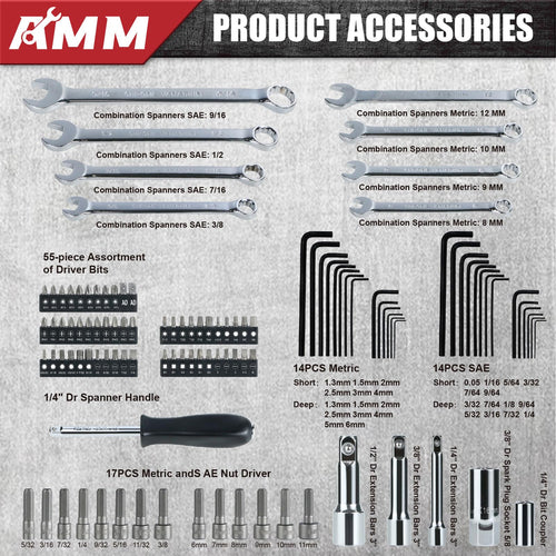 1/4 in, 3/8 in and 1/2 in Drive 202 Piece Mechanics Tool Set K758