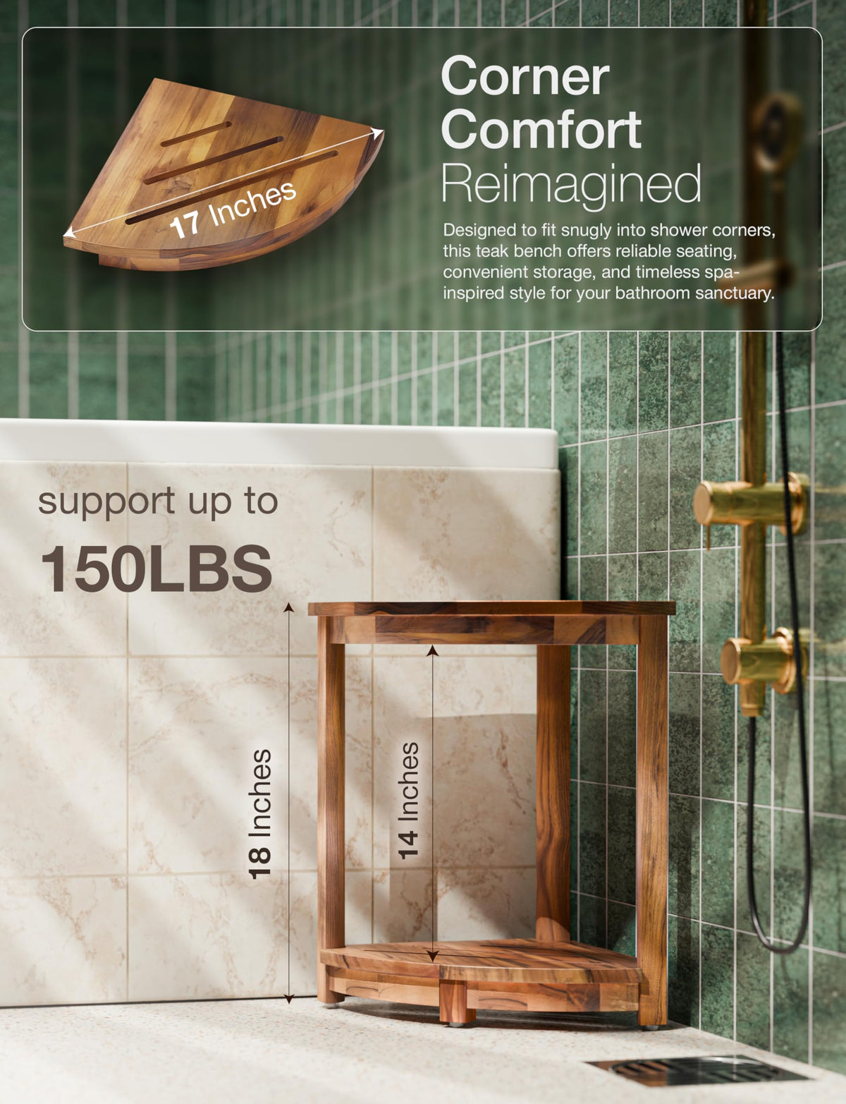 18" Teak Wood Corner Shower Bench & Stool with Lower Shelf H5485