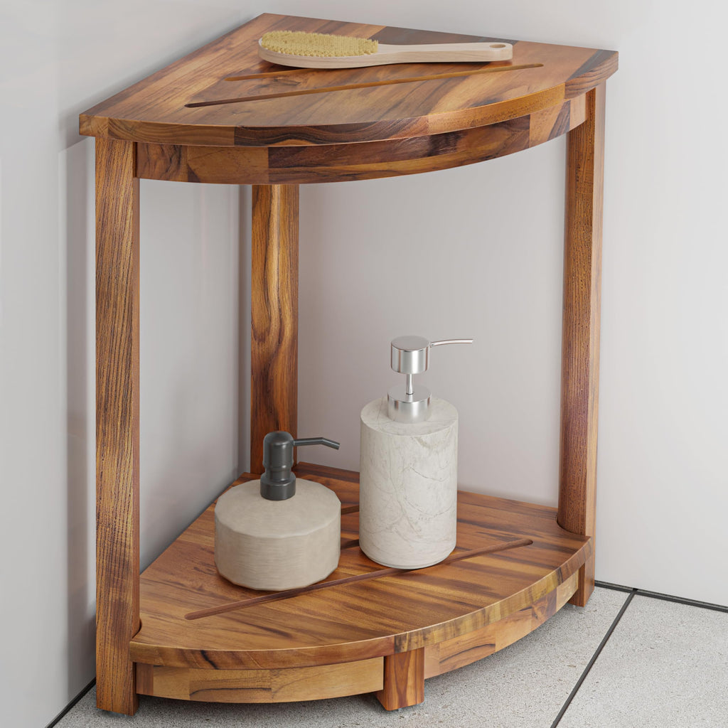 18" Teak Wood Corner Shower Bench & Stool with Lower Shelf H5485
