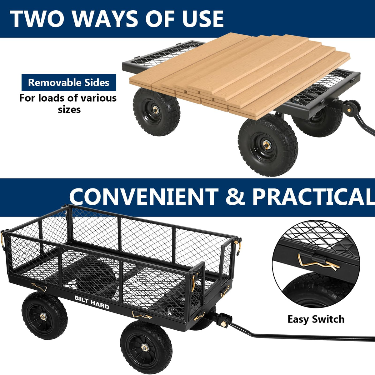 10" Steel Garden Cart with Rotating Handle and Removable Sides, 4 Cu.Ft, Black G513