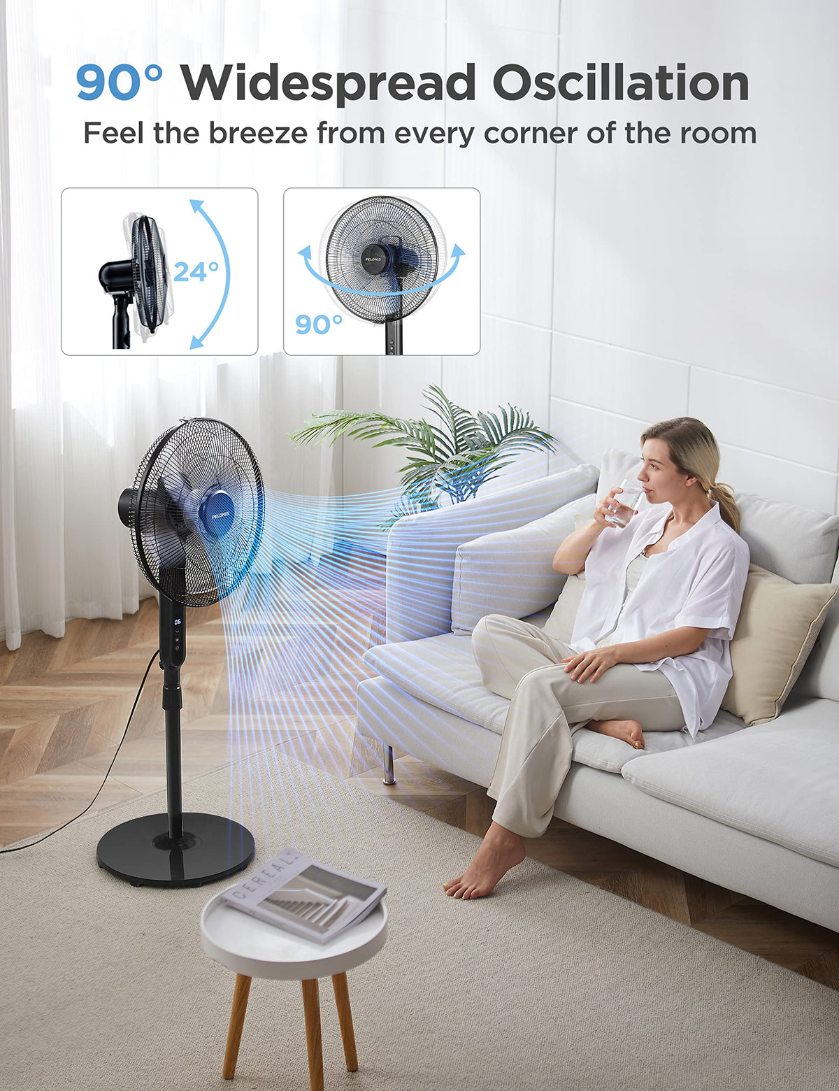 16" Oscillating Pedestal Stand Up Fan, Adjustable Height, Ultra Quiet DC Motor, Remote Control, 12 Speed, Black Z683